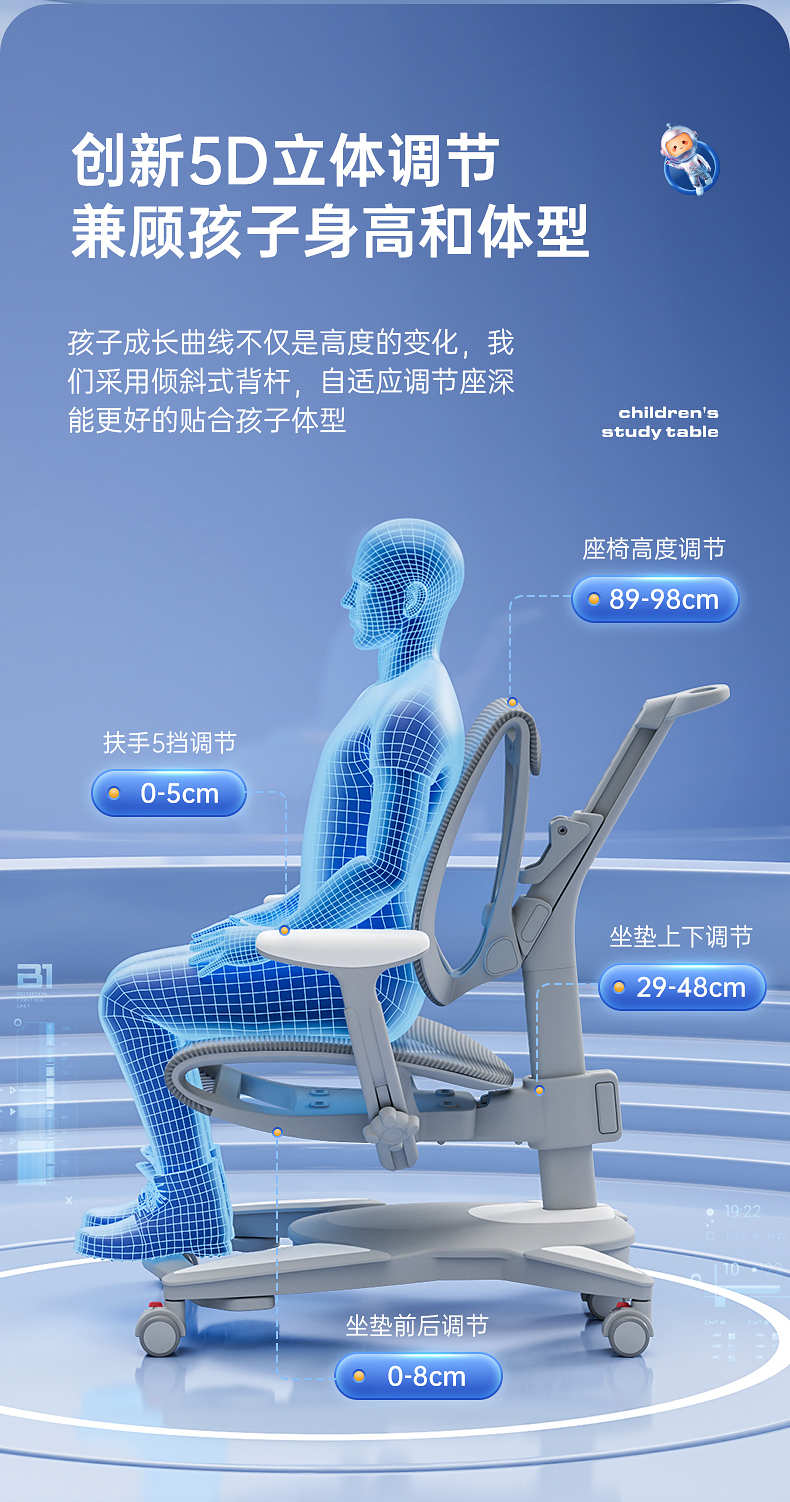 創(chuàng)新5D立體調(diào)節(jié)，兼顧孩子身高和體型